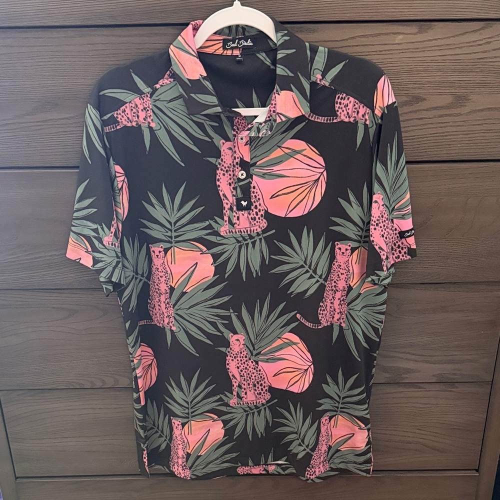 Bad Birdie Mens Black and Pink Cheetah Golf Polo M